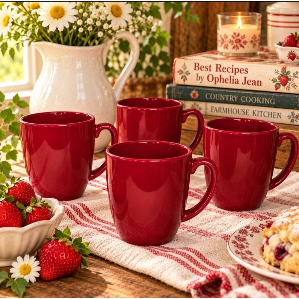 Corelle Coordinates Corningware Red Mugs Set of 4 Ruby Red Stoneware Cups